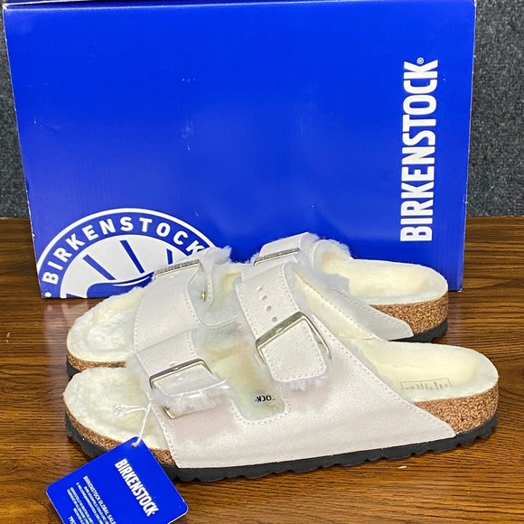 Birkenstock Arizona Shearling Antique White Sandals EU39 US L8 M6 Narrow Fit NIB - Picture 1 of 8